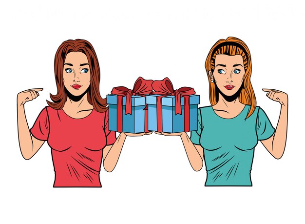 Vector young women with a gift box