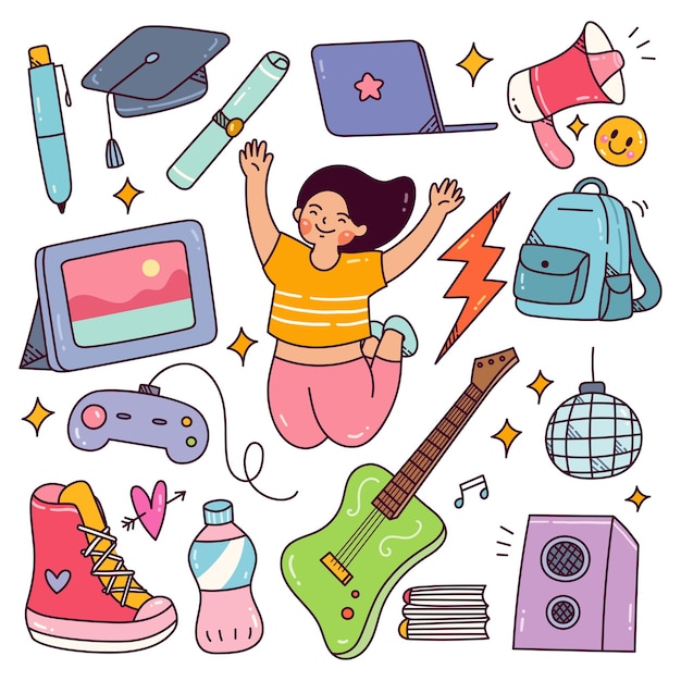 Youth day concept doodle happy teenager with their hobbies and equipment