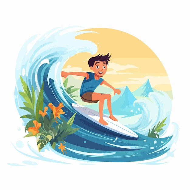 Youthful Surfer Kid Enjoying Riding Surfboard on Ocean Wave