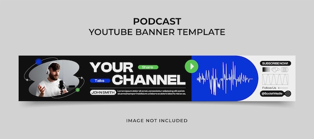 A youtube banner template with a blue background and a green text that says your channel.