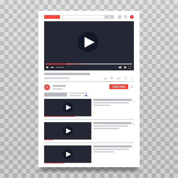 Vector youtube video template, video player pc layout. video online content