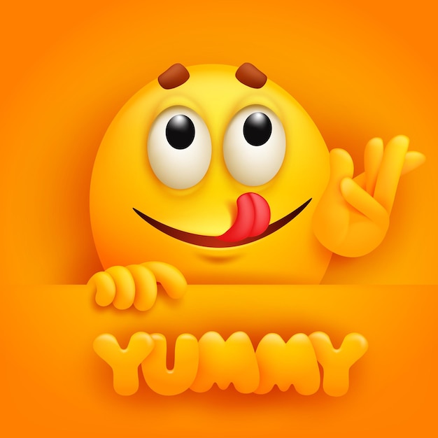 Yummy. Cute emoji cartoon character on yellow backround.