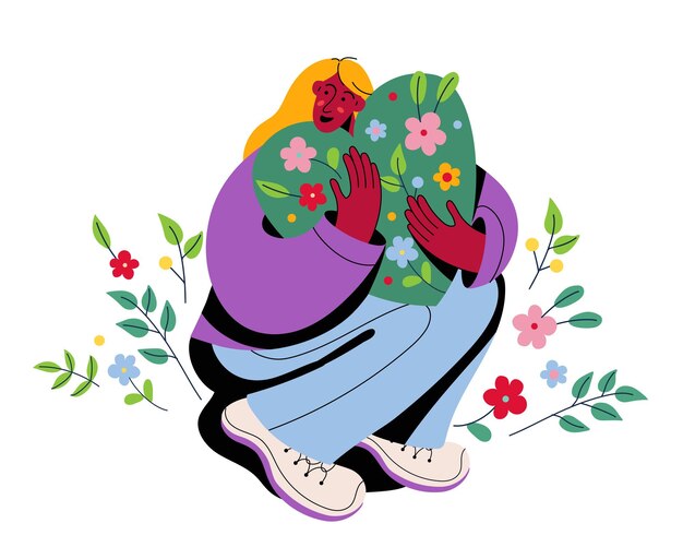 Vector yung woman hugging green heart with flower greenery ecology to be in harmony with nature