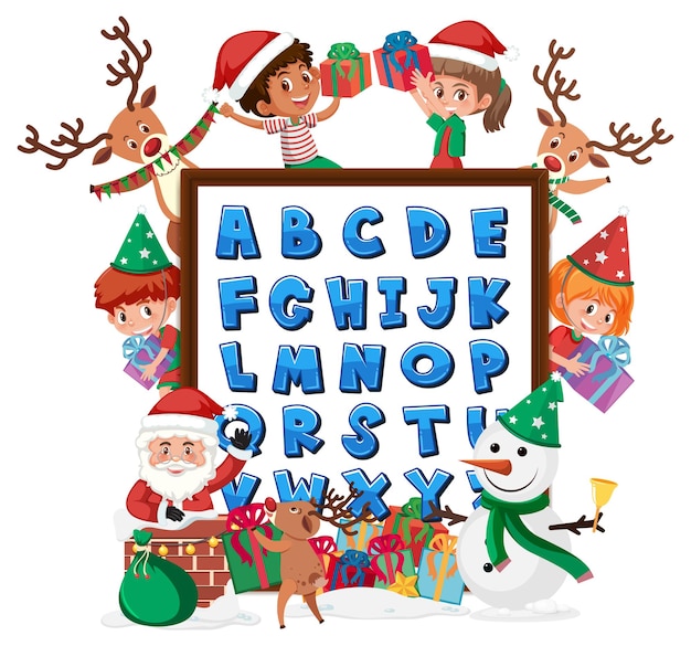 A-Z Alphabet board with many kids in christmas theme