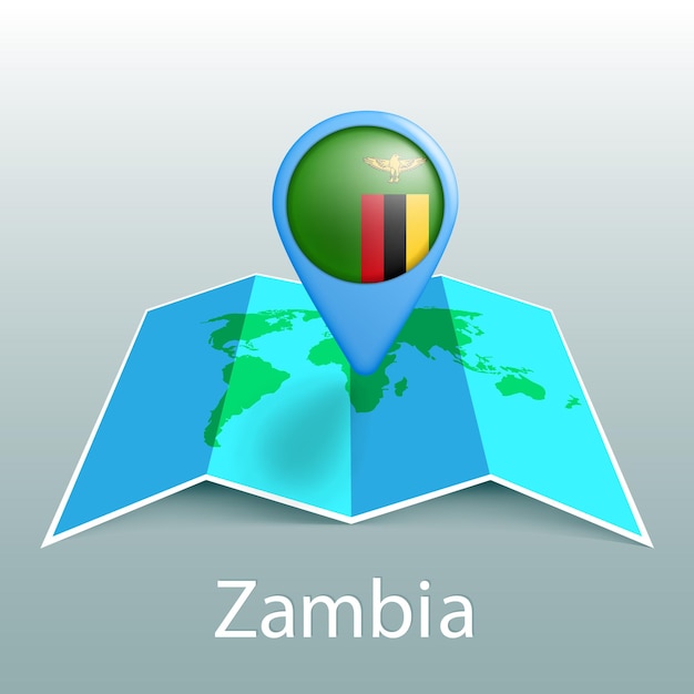 Zambia flag world map in pin with name of country on gray background