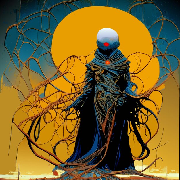 Vector zdzislaw beksinski the painting is of a holy alien wearing wires in the style of textural