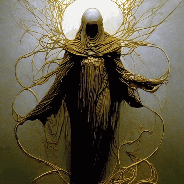 Vector zdzislaw beksinski the painting is of a holy alien wearing wires in the style of textural