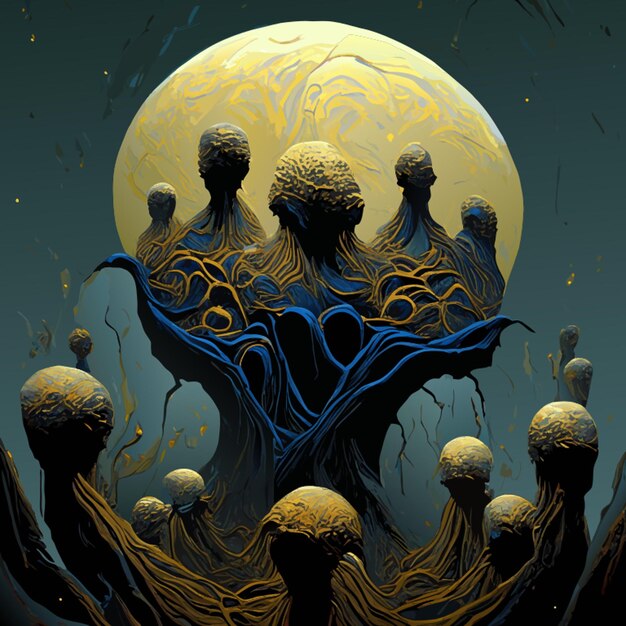 Vector zdzislaw beksinski the painting is of a holy crowd of aliens wearing roots in the style of