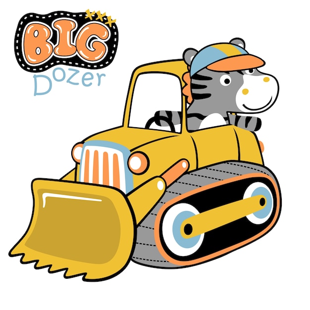 zebra on bulldozer, vector cartoon