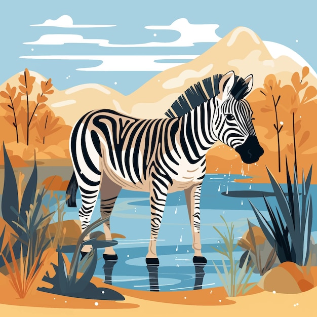 Vector a zebra stands in front of a river with mountains in the background