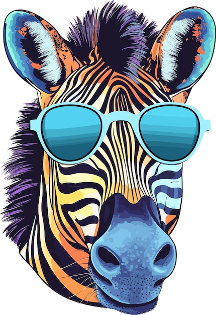 A zebra with sunglasses on it and a striped face.