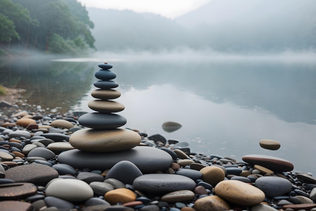 Vector zen balancing rocks next to a misty lake