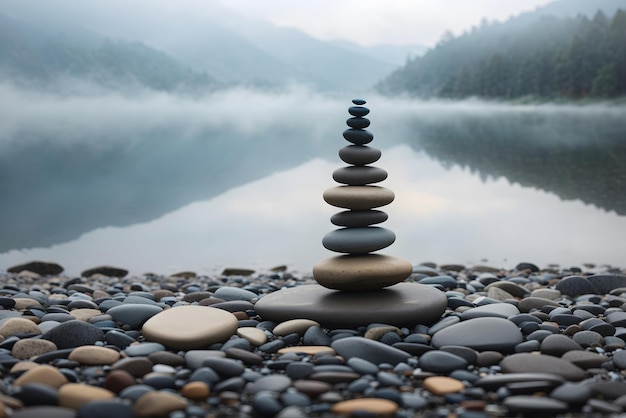 Vector zen balancing rocks next to a misty lake