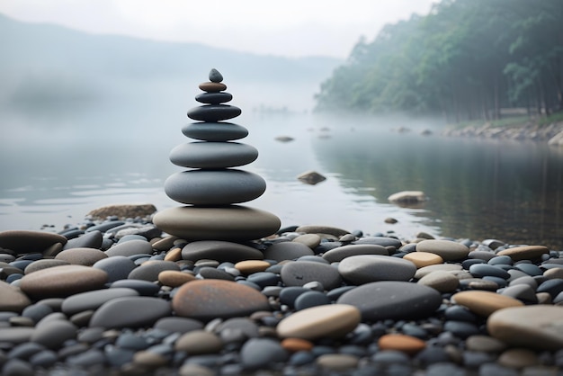 Vector zen balancing rocks next to a misty lake