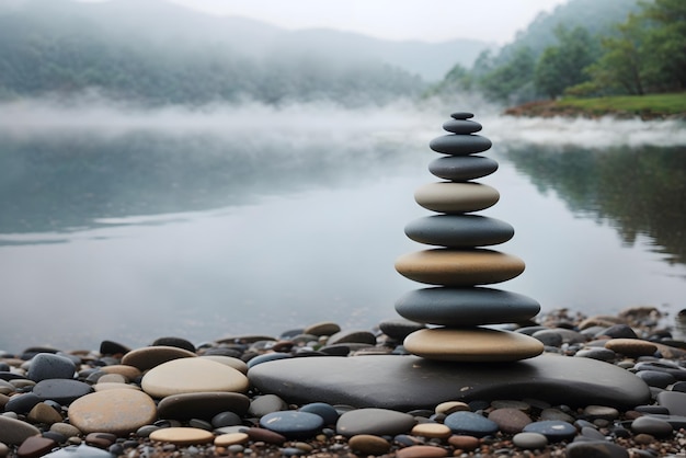 Vector zen balancing rocks next to a misty lake