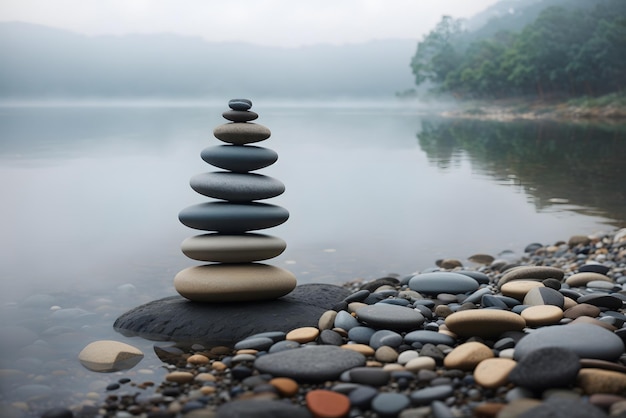 Vector zen balancing rocks next to a misty lake