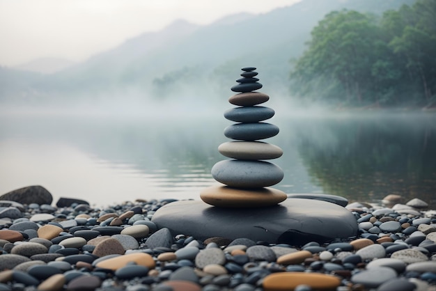 Vector zen balancing rocks next to a misty lake