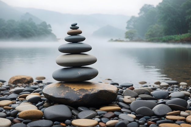 Vector zen balancing rocks next to a misty lake