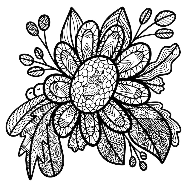 Zen doodle antistress coloring page flowers Coloring book page for adults and children Vector hand drawn illustration of bouquet Zen tangle floral composition