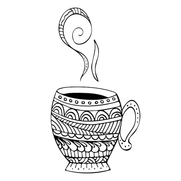 Zen doodle art cup with hot steam Zentangle style for the adult coloring book on white background A ntistress Hand drawn zendoodle Vector illustration Ornate cup