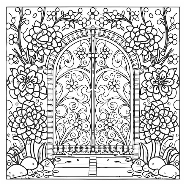 Zen garden gate adorned coloring page