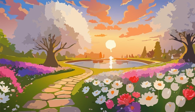 Zen Peaceful Garden with Path Nature Park Flower Floral Background Illustration Landscape Design