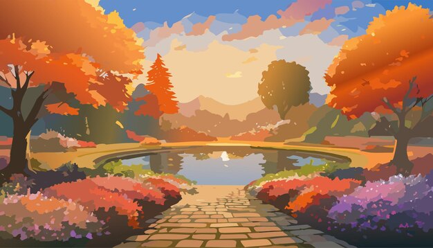 Vector zen peaceful garden with path nature park flower floral background illustration landscape design