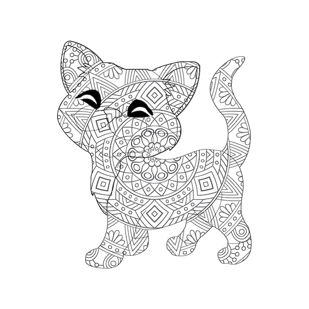 Zentangle cat mandala coloring page for adults christmas cat floral animal antistress coloring book