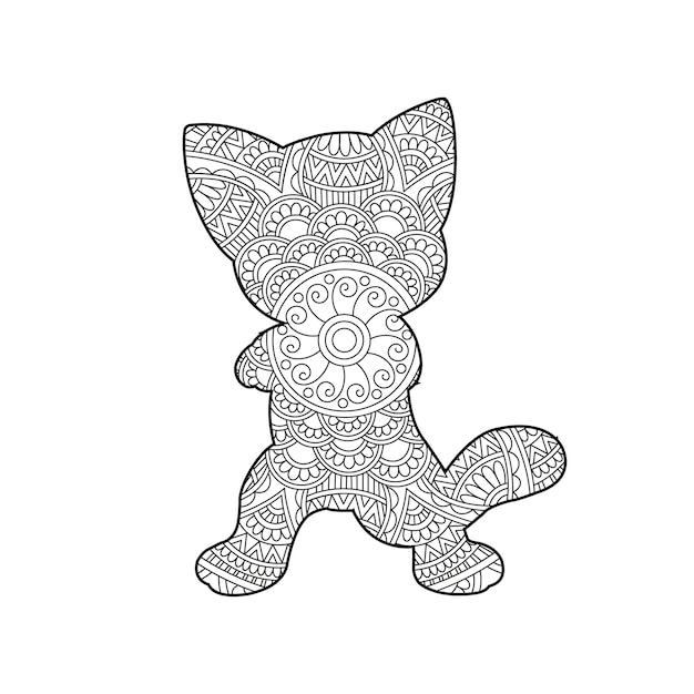 Zentangle cat mandala coloring page for adults christmas cat floral animal antistress coloring book