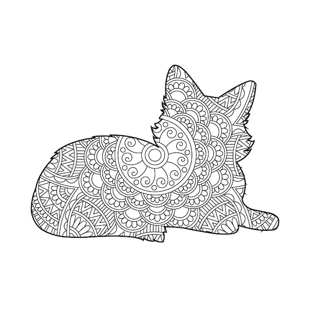 Zentangle cat mandala coloring page for adults christmas cat floral animal antistress coloring book