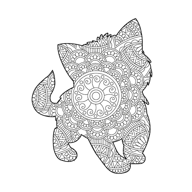 Zentangle cat mandala coloring page for adults christmas cat floral animal antistress coloring book