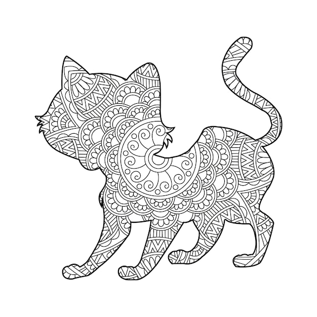 Zentangle cat mandala coloring page for adults christmas cat floral animal antistress coloring book