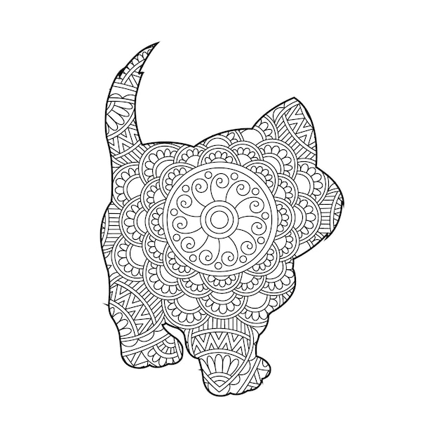 Zentangle cat mandala coloring page for adults christmas cat floral animal antistress coloring book