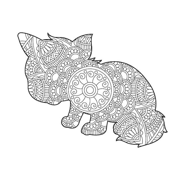 Zentangle cat mandala coloring page for adults christmas cat floral animal antistress coloring book