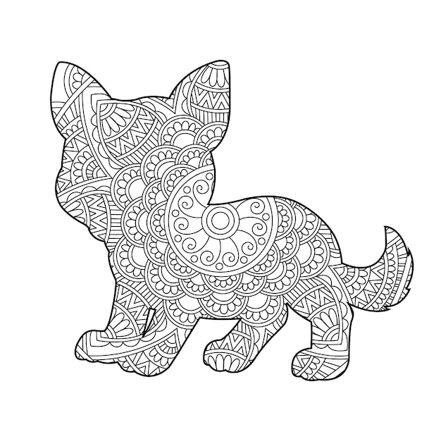 Zentangle dog mandala coloring page for adults christmas dog and floral animal coloring book