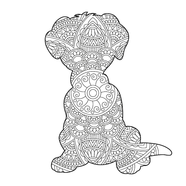 Zentangle dog mandala coloring page for adults christmas dog and floral animal coloring book