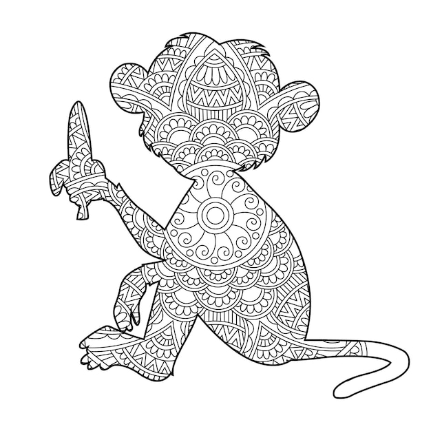 Zentangle monkey mandala coloring page for adults animal coloring book antistress coloring page