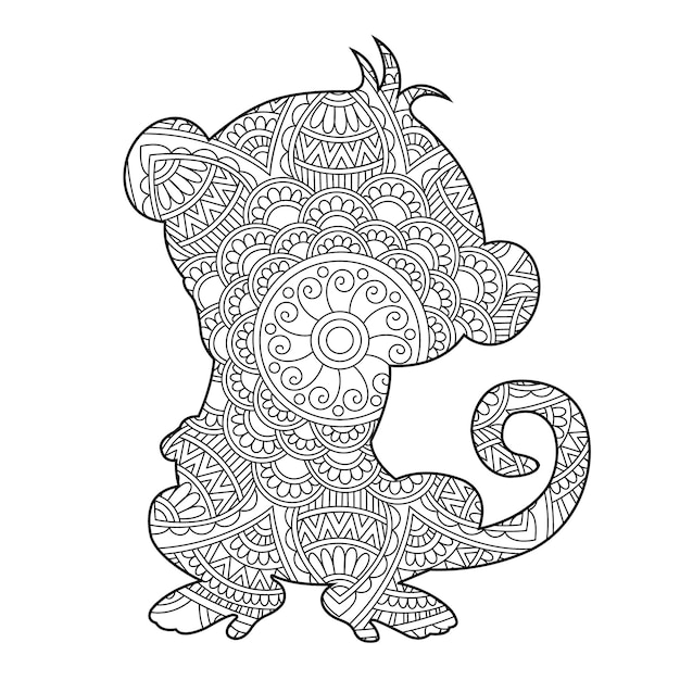 Zentangle monkey mandala coloring page for adults animal coloring book antistress coloring page