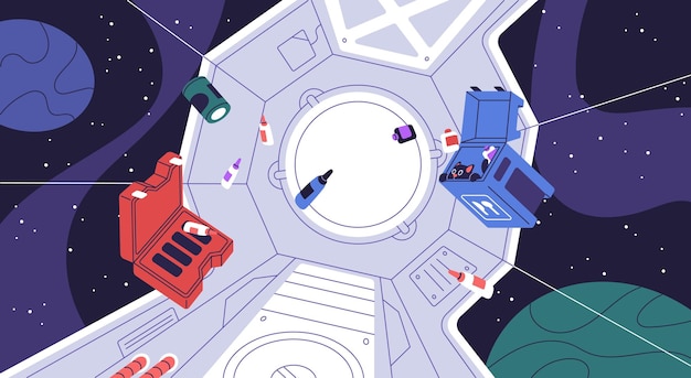 Vector zero gravity inside space ship, cosmos shuttle. weightlessness in universe station, spaceship. studd, bottles, bags, cat flying, floating in mess, chaos in spacecraft. flat vector illustration