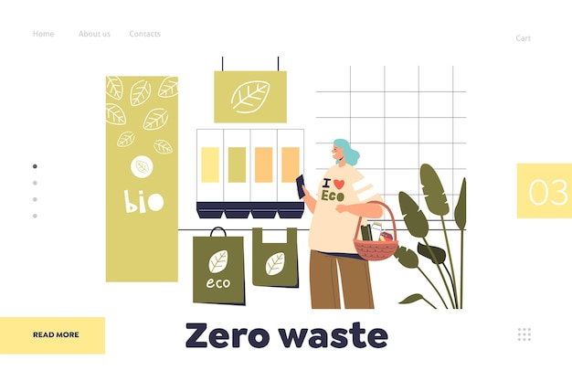 Zero waste concept of landing page with woman in eco organic grocery store buying food