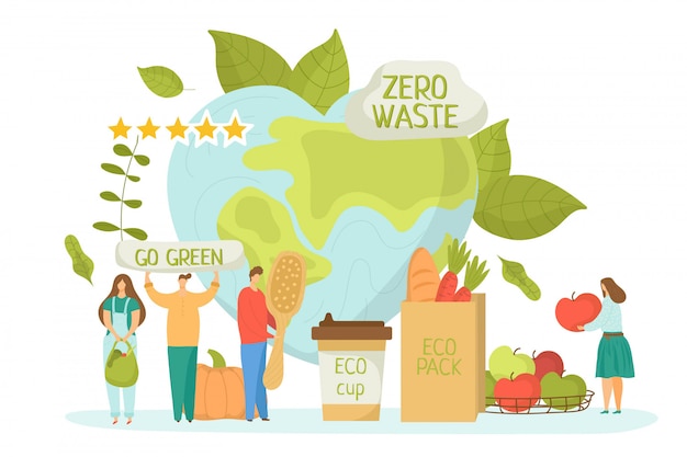 Zero waste for ecology environment, green recycle concept  illustration. Save earth planet,  natural clean recycling. Organic reduce and ecological care by friendly people.