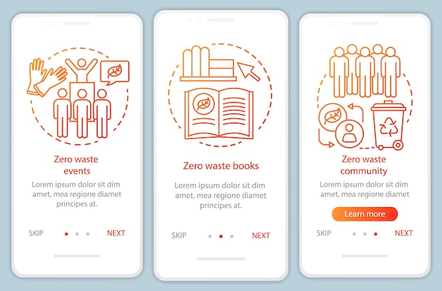 Zero waste education onboarding mobile app page screen vector template