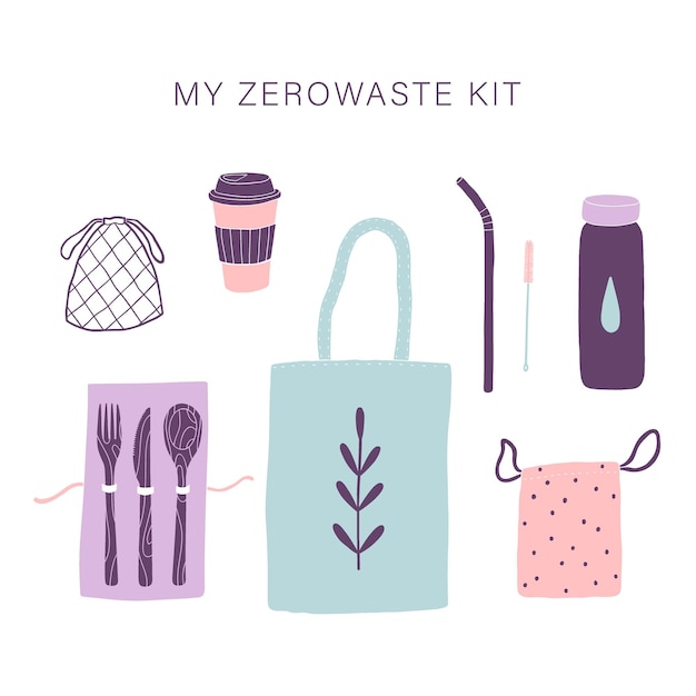 Zero waste everyday kit. hand drawn