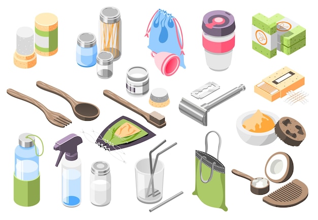 Zero waste isometric icons set with colored containers bags personal hygiene items and cutlery 3d isolated vector illustration