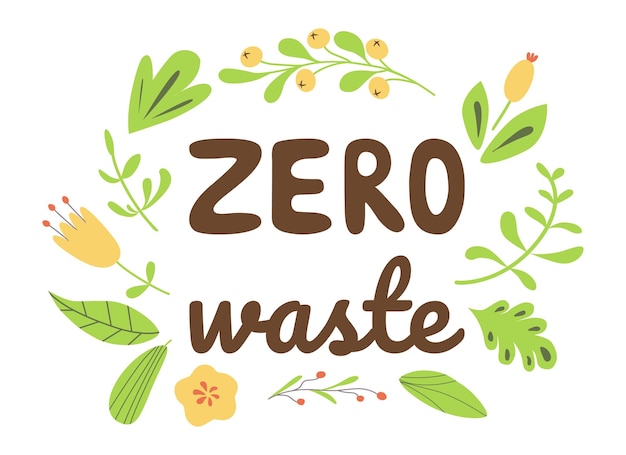 Zero Waste lettering hand drawn text Eco friendly green print Eco phrase decorated green leaves flowers Vector