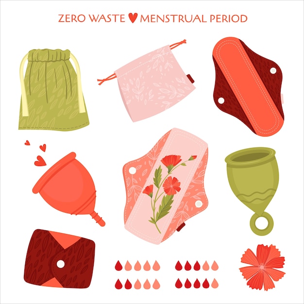 Zero waste menstrual period.  flat set with eco friendly products - reusable menstrual pads, cup, recycle bags of cotton.