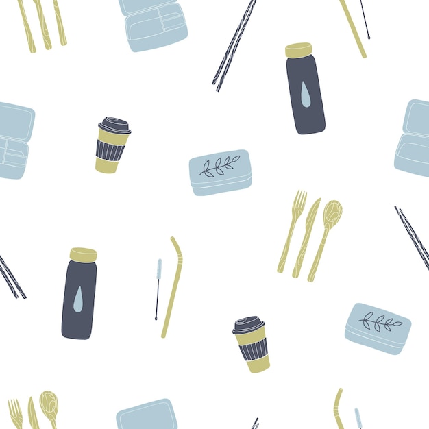 Zero waste reusable lunchbox cup utensils etc seamless pattern