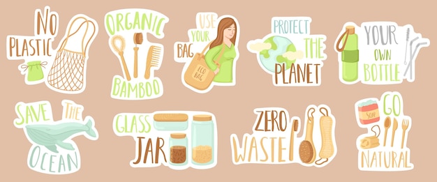 Zero waste stickers Bamboo kitchen items ocean and earth clean Reusable elements and sorting garbage save environment Eco consumption neat vector badges