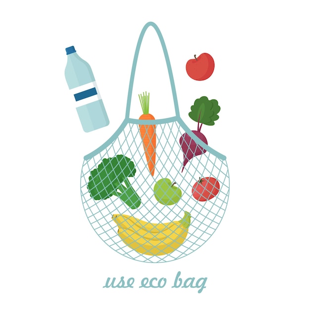 Zero waste string bag with food Eco life concept Vector illustration in flat style