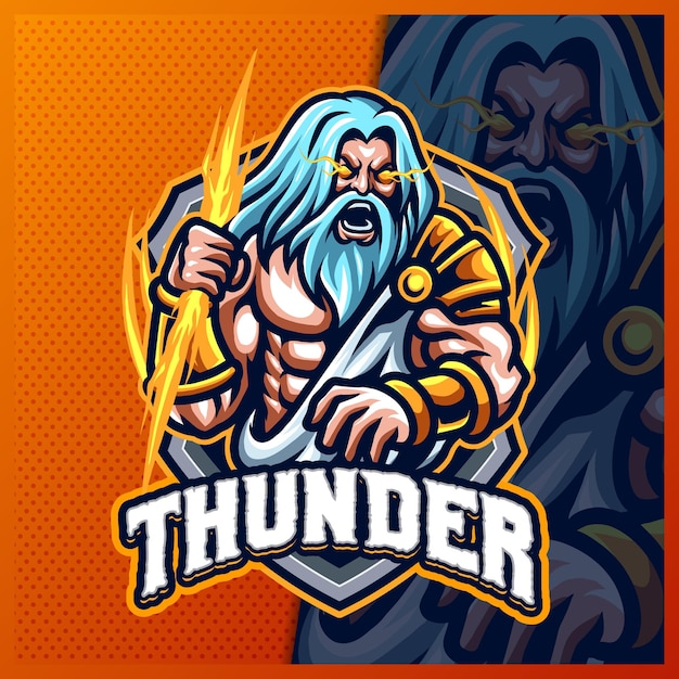 Zeus Thunder God mascot esport logo design illustrations vector template, Greece Ancient Gods logo for team game streamer merch, full color cartoon style